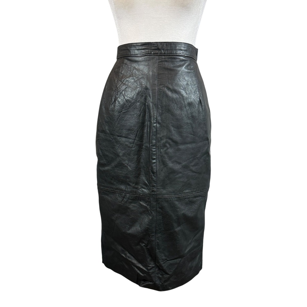 Comint Vintage Leather Skirt Womens 5/6 Black High Waist Pencil Midi Slit 90s